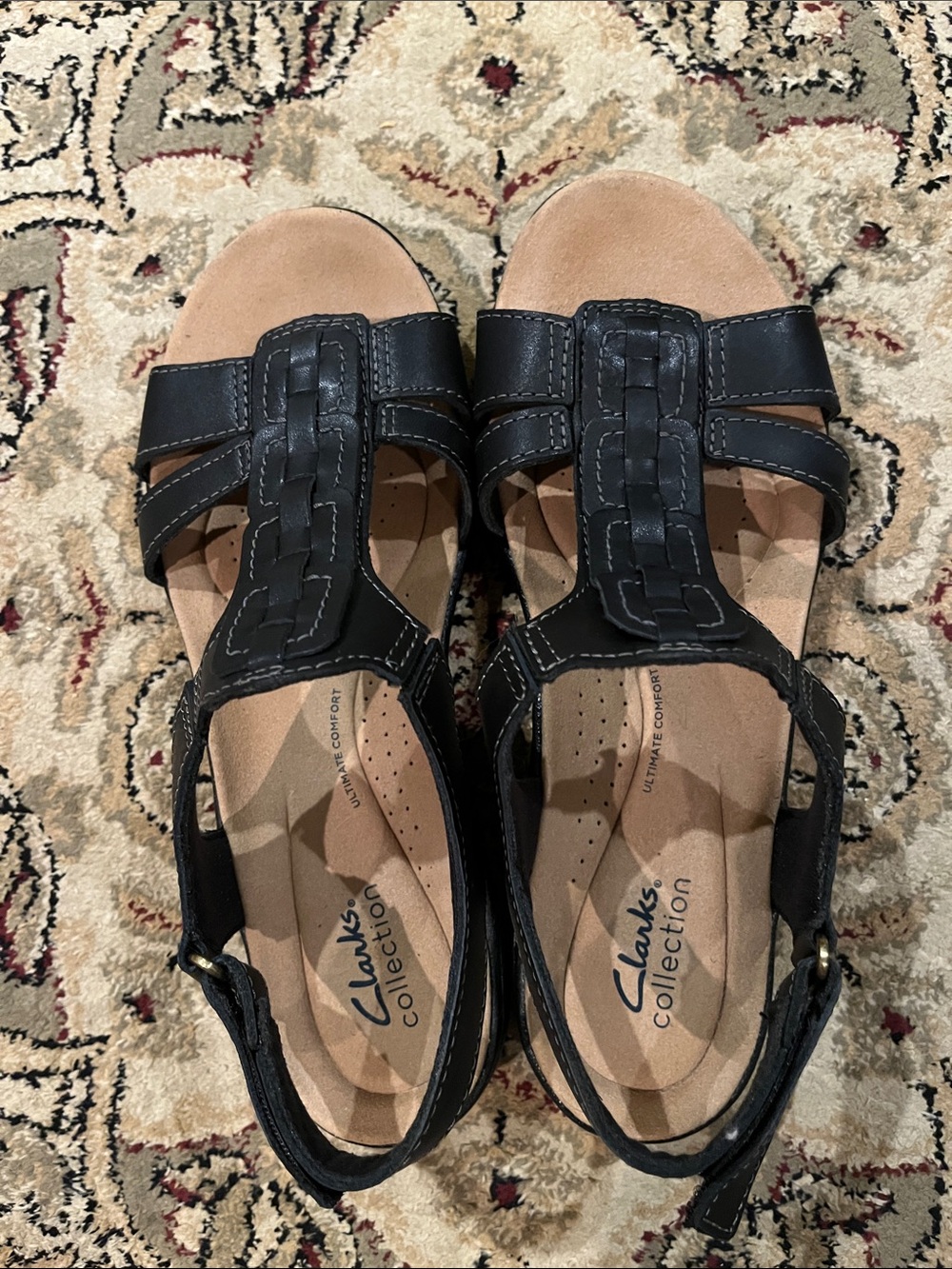 Clark’s Black Leather Woven T-Strap Sandals